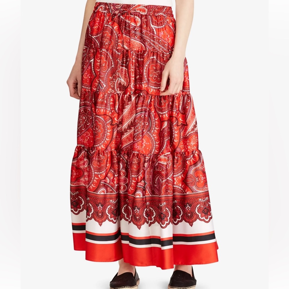 Lauren Ralph Lauren Tiered Red Paisley Western Midi Skirt, L